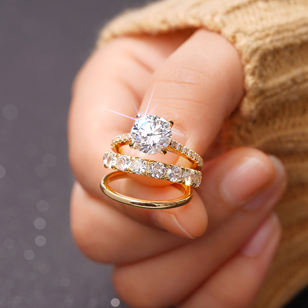 Cao Shi Three-Piece Ring Set with Zircon Elegant Diamond Ring for Wedding Party Matching Rings