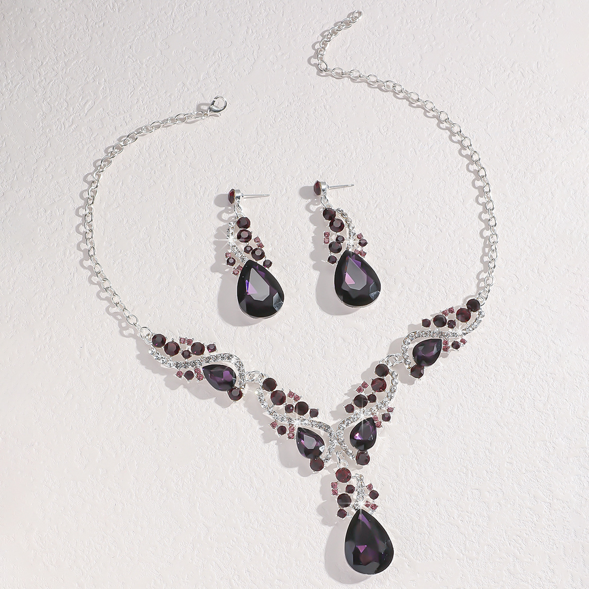 Alloy Rhinestone Set Necklace Earrings Two-Piece Wedding Jewelry Set for Women