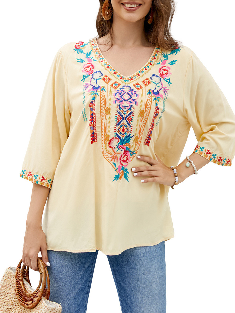 Women's heavy embroidery V-neck seven-point sleeve loose shirt #328