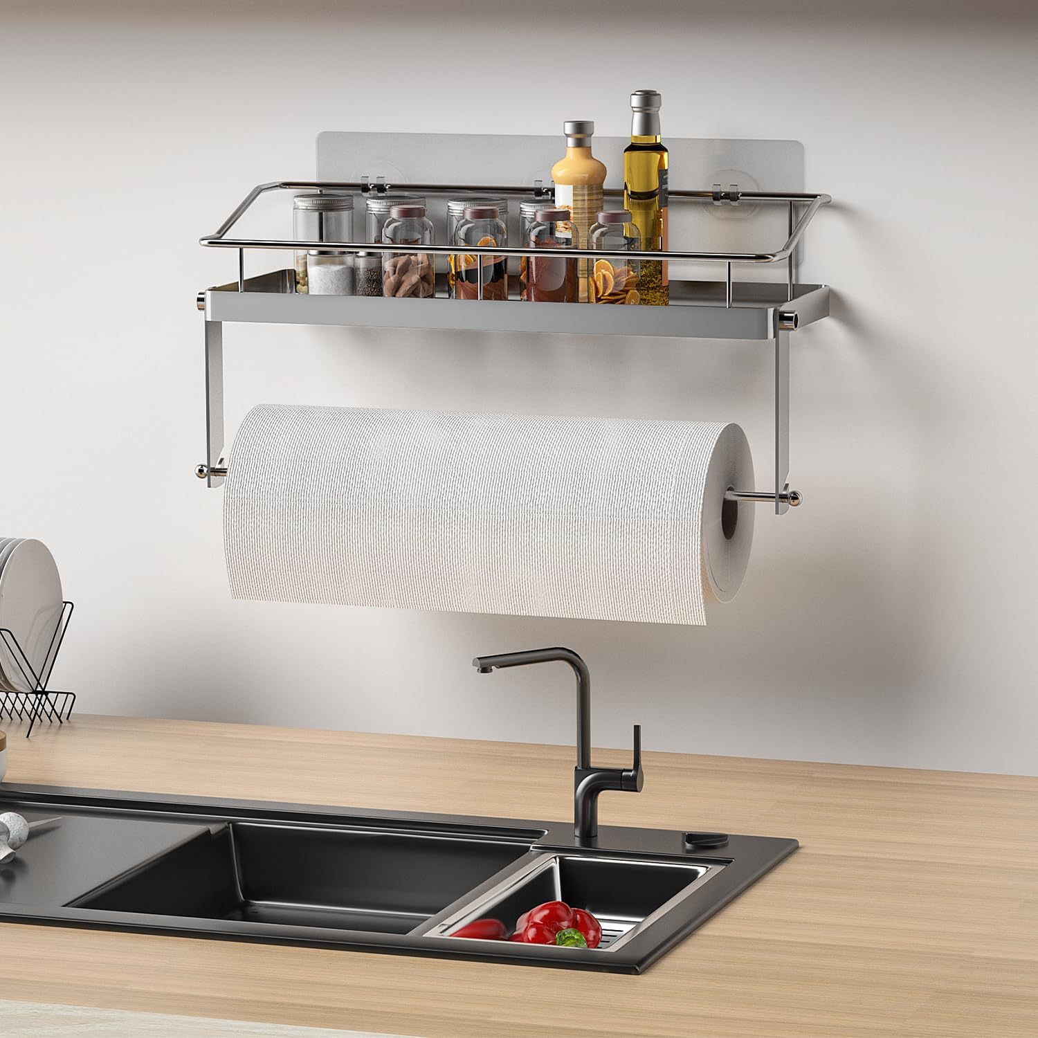 Wall-mounted draining rack, no-drill, bathroom, adhesive stainless steel storage rack, storage shelf, kitchen paper towel holder