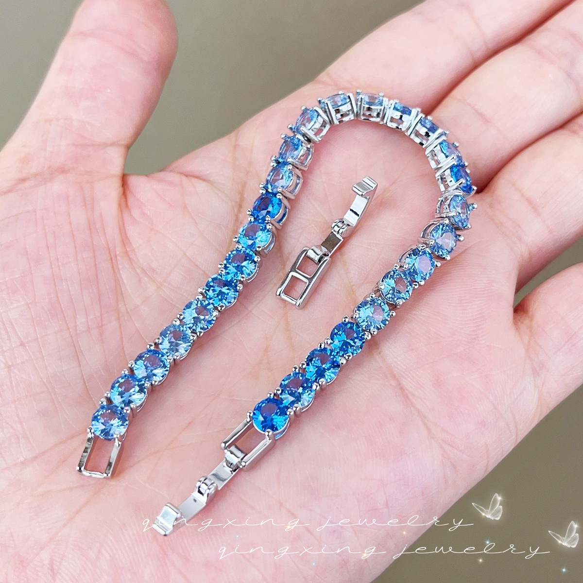 Light Sea Blue Spinel Tennis Bracelet Gradient Sea Blue Simulated Blue Topaz Simple Women's Hand Jewelry