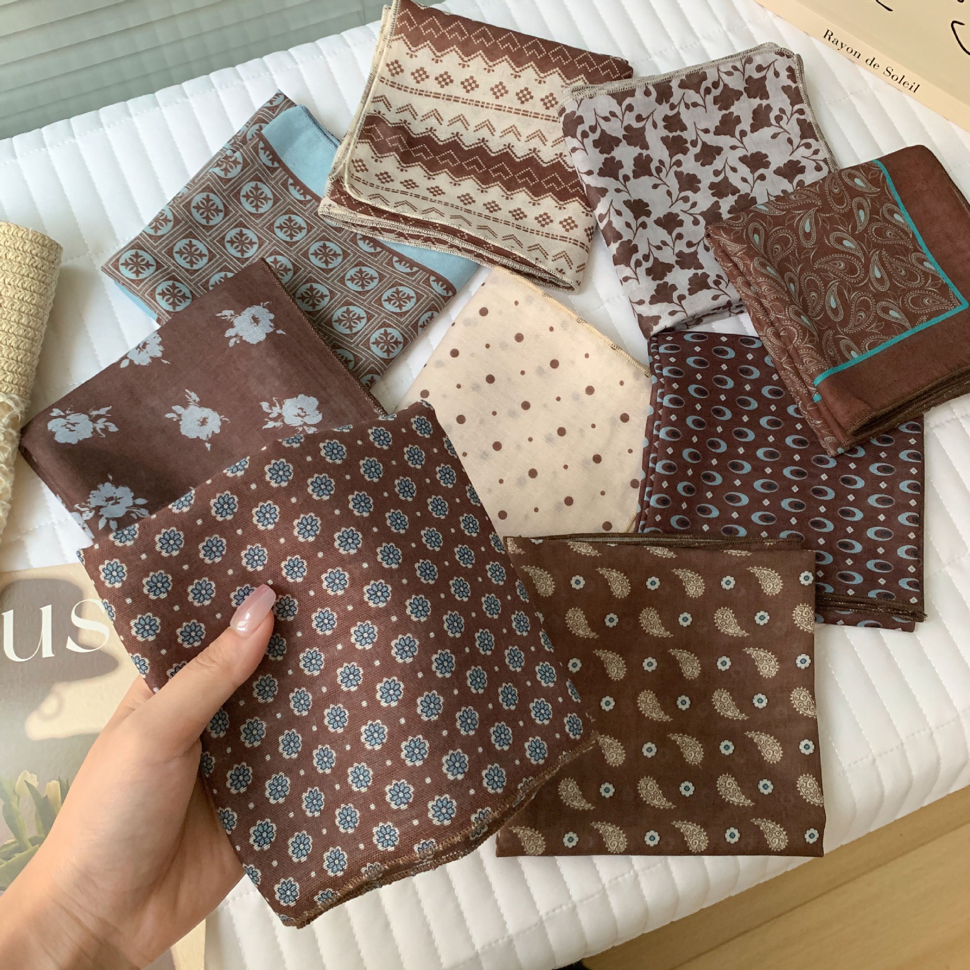 New neck-tie cotton-linen scarf for women, brown series small square scarf