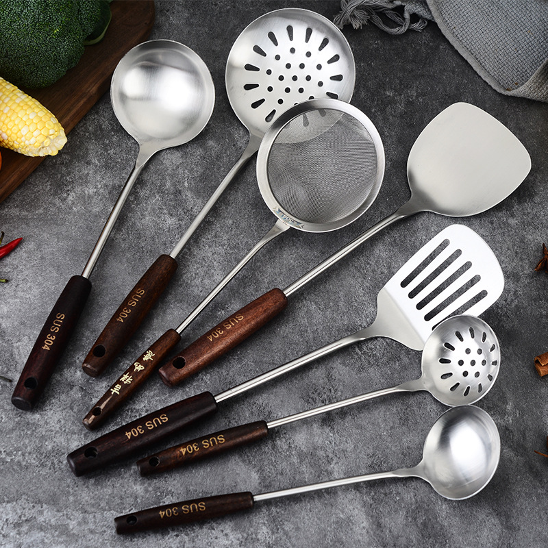 304 stainless steel cooking spatula spoon kitchen utensils anti-scald wooden handle spatula household frying spatula pan