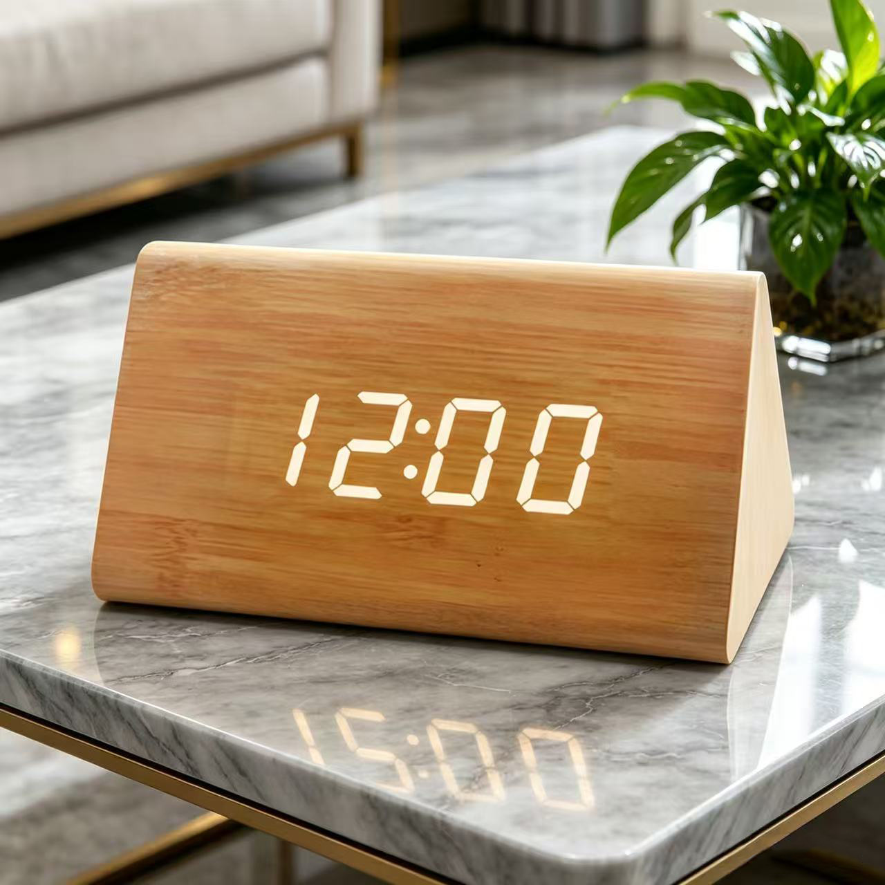 LED wooden voice-controlled alarm clock, office clock, bedside electronic alarm clock, LED digital clock