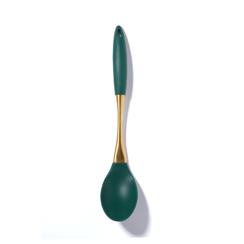 304 Stainless Steel Gold Plated Handle Silicone Cooking Kitchenware Silent Spatula Soup Spoon 8-Piece Set
