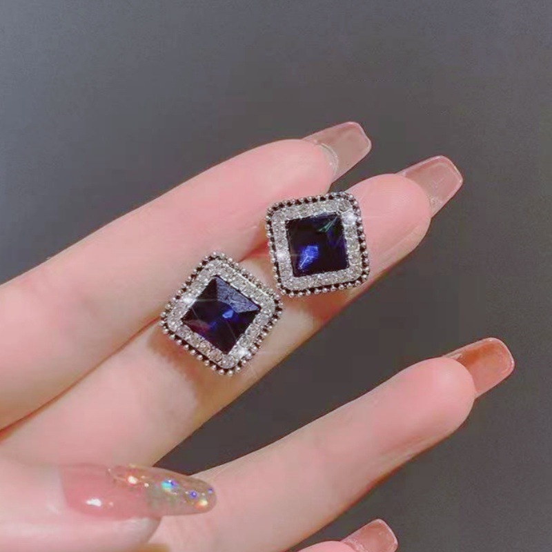 Blue crystal earrings square simple ear studs women elegant ear accessories