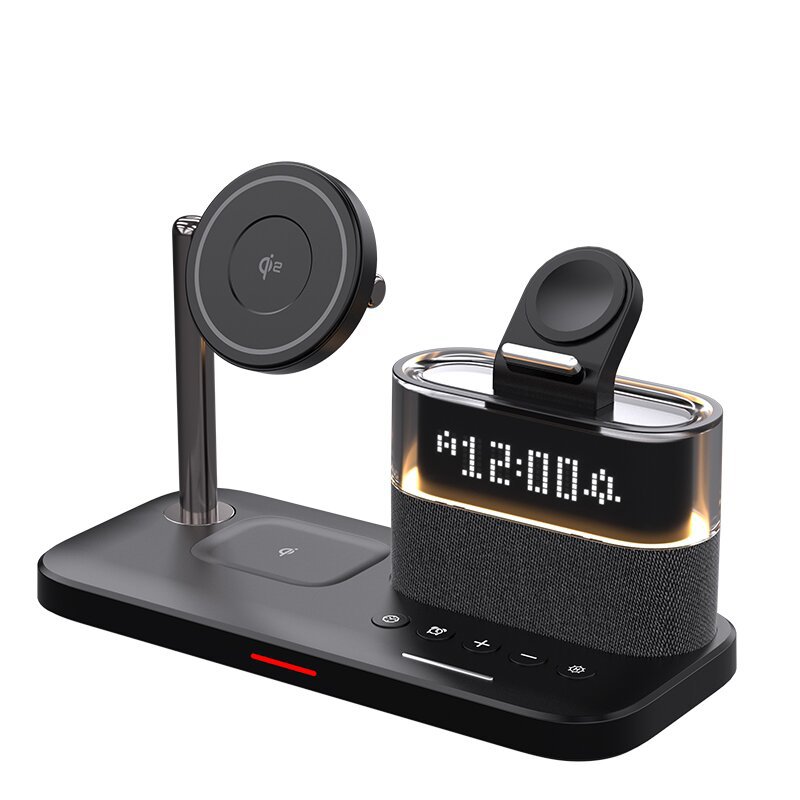 Desktop magnetic three-in-one wireless charger with colorful touch night light and alarm clock, suitable for Apple series, factory direct sales