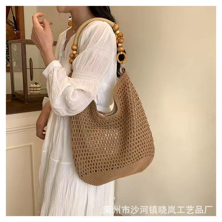 New large capacity single-shoulder cotton woven bag new hollow mesh tote bag seaside vacation beach bag women's bag