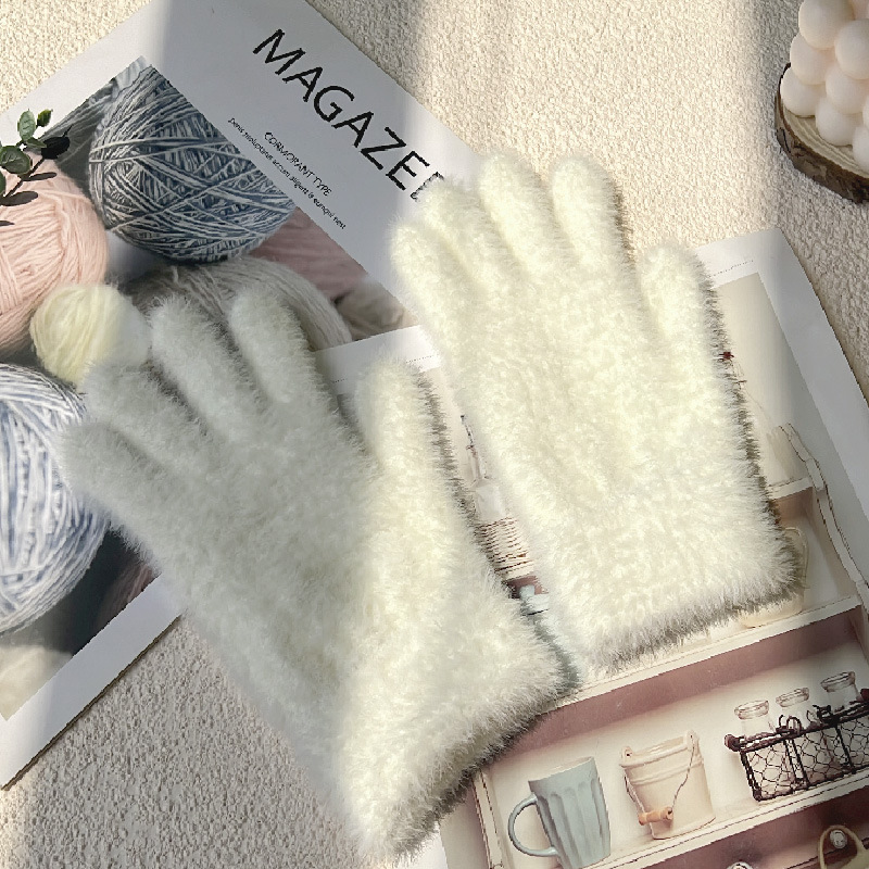 Women's Winter Warm Knitted Gloves for Students, Cycling, Fingerless, Solid Color, Imitation Rabbit Fur, Touchscreen