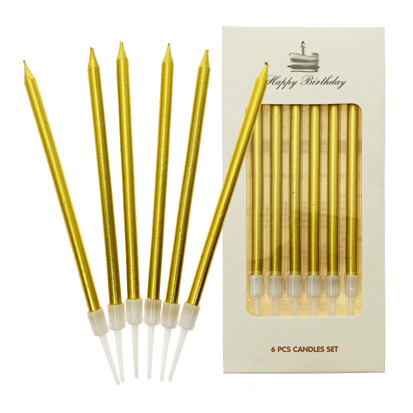 5ZW Long Rod Gold Silver Colorful Gold-Plated Pencil Birthday Candle Dessert Table Cake Baking Supplies 6 Pieces Box