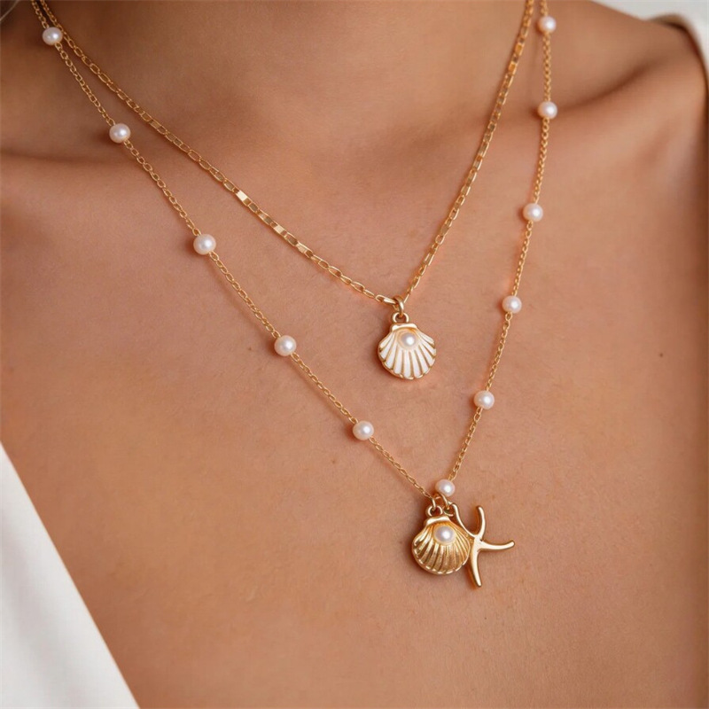 Unique Design Ocean Style Shell Starfish Double Layer Imitation Pearl Collarbone Chain