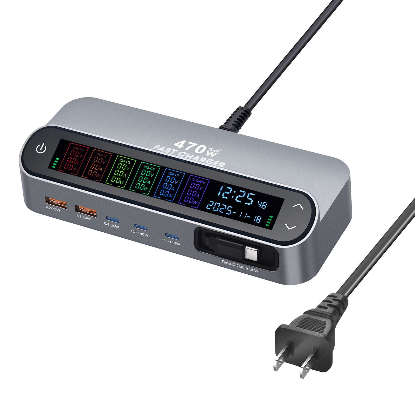 New 470W Retractable Cable Desktop Charger 405W Digital Display GaN PD Charger 140W Digital Display Direct Charger