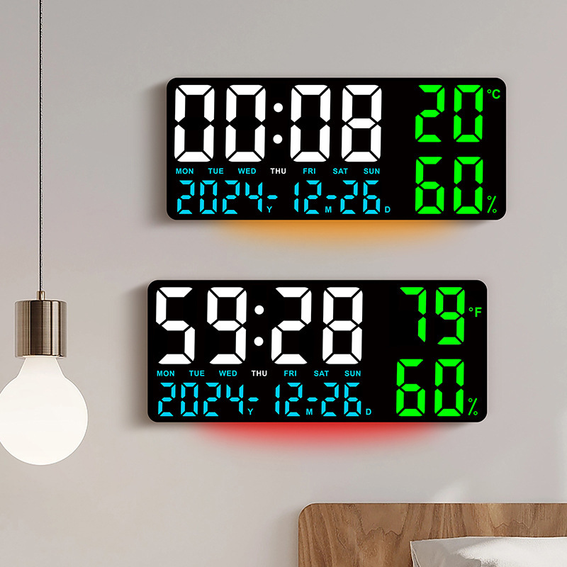 New Temperature and Humidity Living Room Wall Clock Simple Multifunctional Electronic Clock Large Font with Night Light Multiple Alarm Groups GH9002