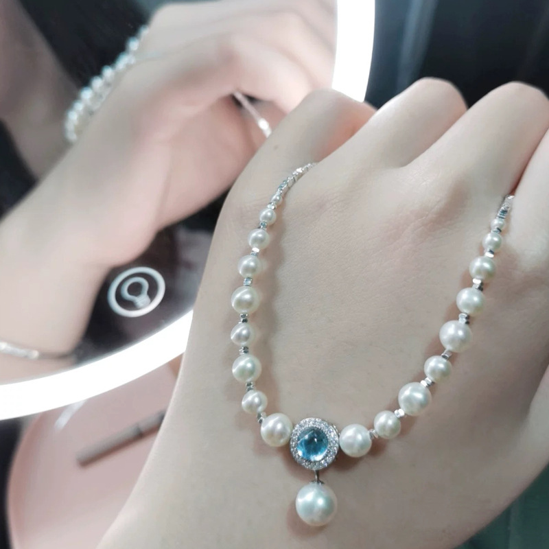 Aquamarine Pearl Necklace for Women, Teardrop Pendant Necklace for Women, Spring Summer Neck Accessories