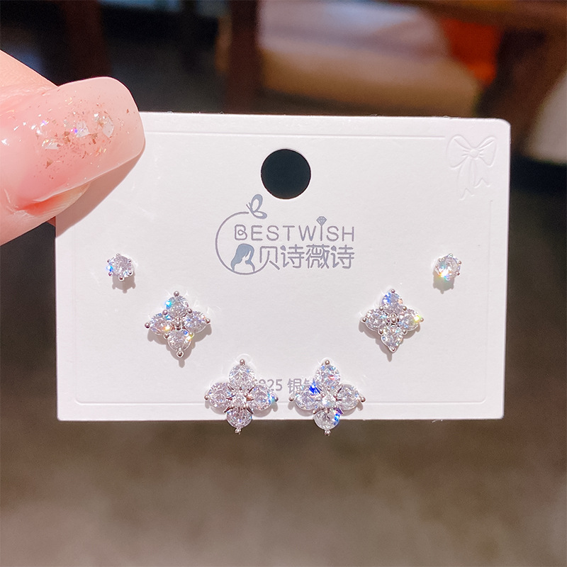 Exquisite heavy work four-leaf flower zircon earrings three pairs, women's silver needle earring accessories 6-piece set