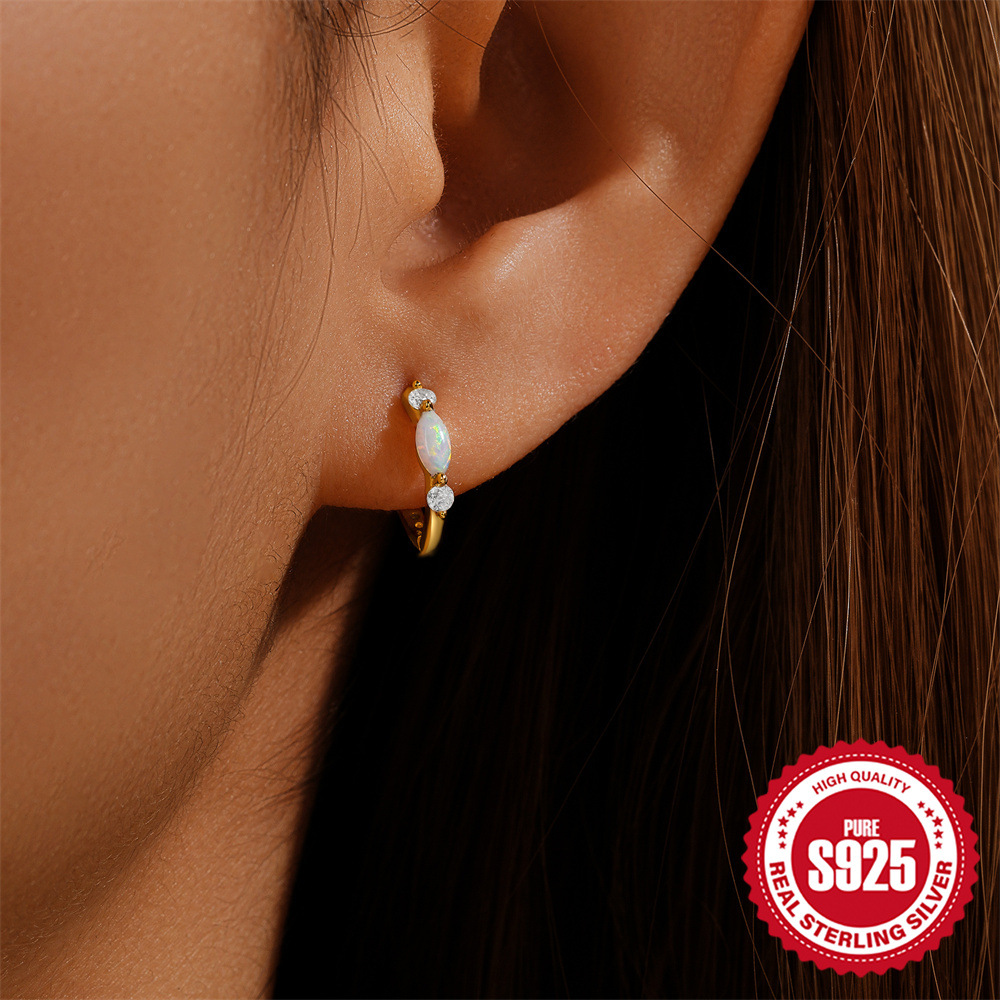 New S925 sterling silver round micro-set zirconia opal ear hoop ear buckle earring earring