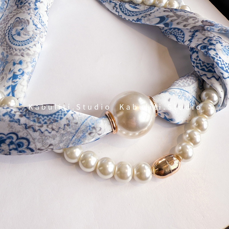 New neck protection pearl small silk scarf for women, two-piece set summer long strip magnetic buckle decorative pendant neck scarf simple wrap