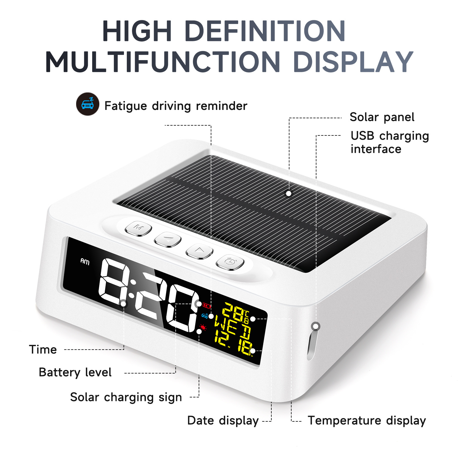 Solar Car Clock Fatigue Driving Reminder Anti-Doze Alarm Clock Thermometer Smart Night Light LED Electronic Clock