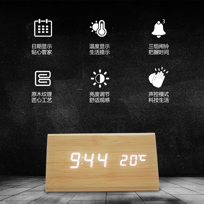 Triangular LED Wooden Clock Multifunctional Night Light Silent Electronic Alarm Clock Gift Home Simple Clock