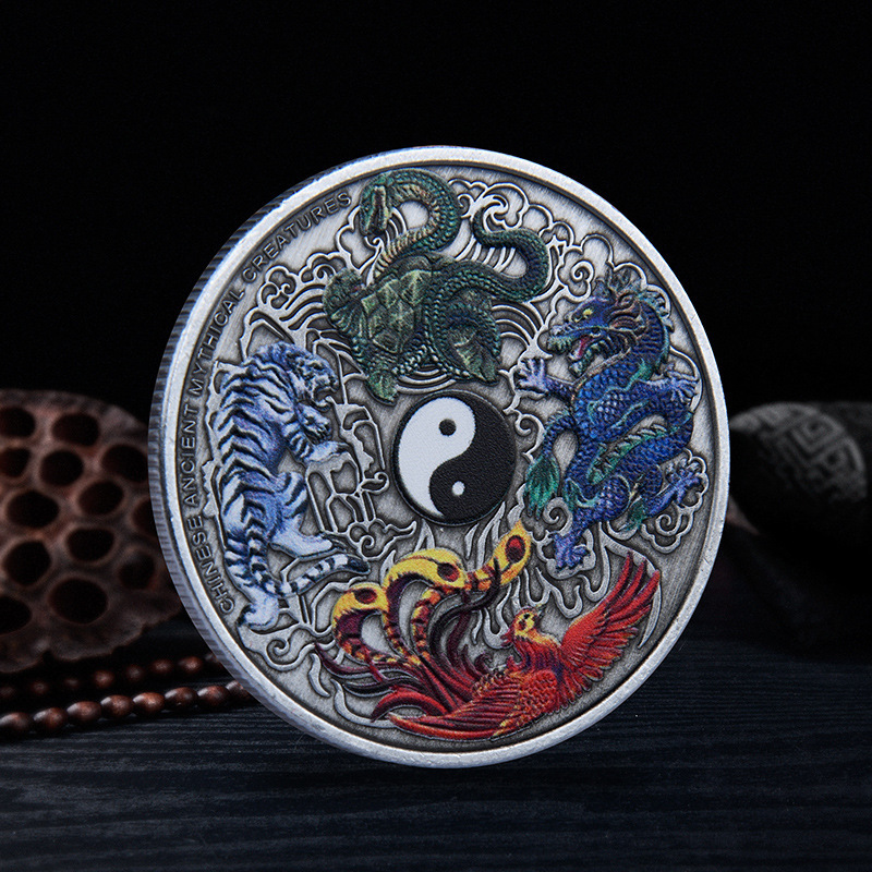 Colorful Four Divine Beasts Commemorative Medal Dragon and Tiger Fight 3D Relief Chinese Style Metal Commemorative Coin