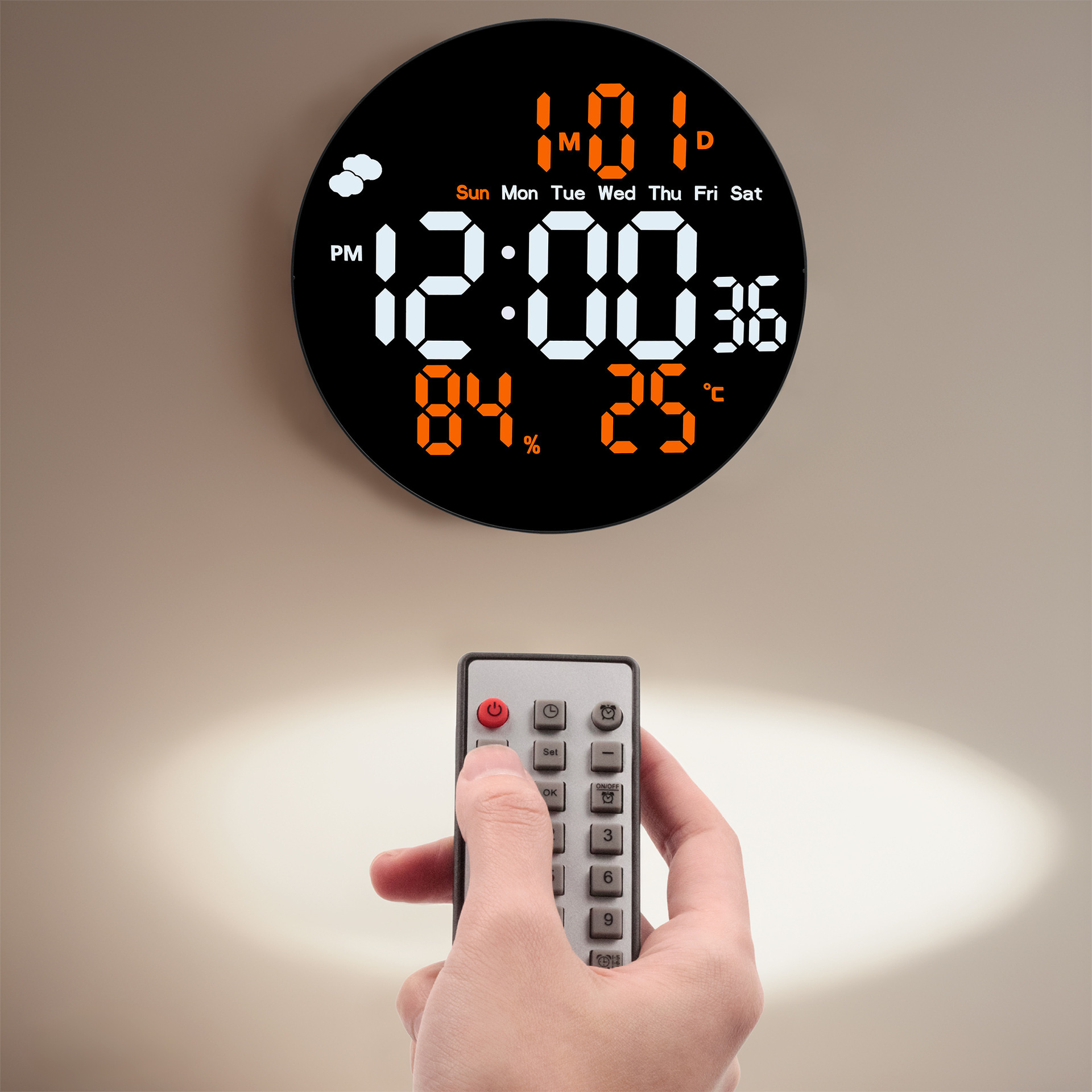 10-inch Round Large Screen Digital Electronic Clock Remote Control LED Alarm Clock Display Weather Temperature Humidity Calendar Wall Clock