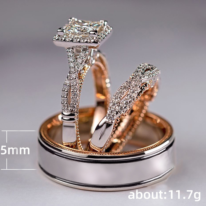 Cao Shi Three-Piece Ring Set Rose Gold Two-Tone Shining Zircon Ring Women's Luxurious Engagement Ring