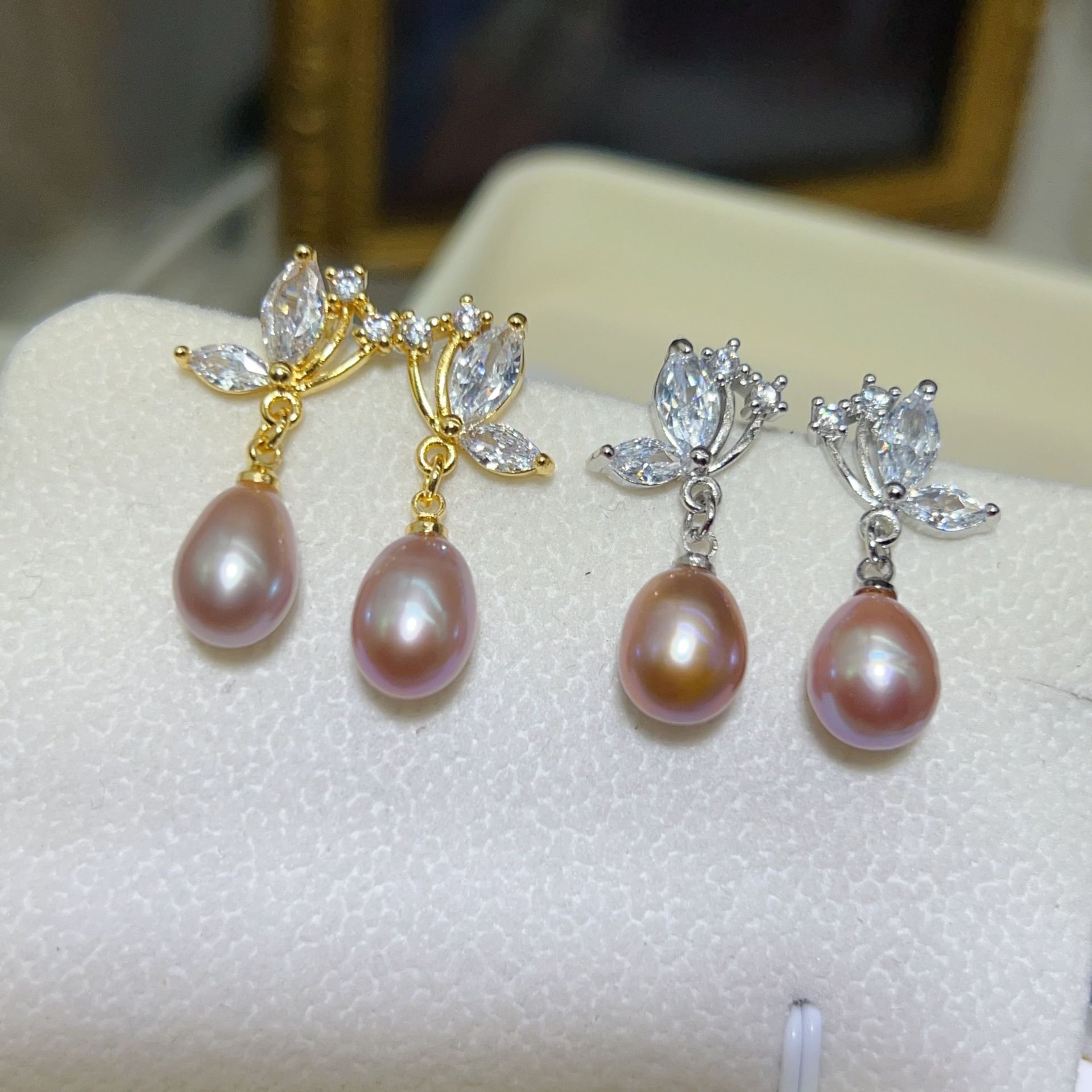 Zhuji Pearl Earrings 8-9MM Bread Pearl 925 Needle Purple Gray Earrings Natural Freshwater Pearl