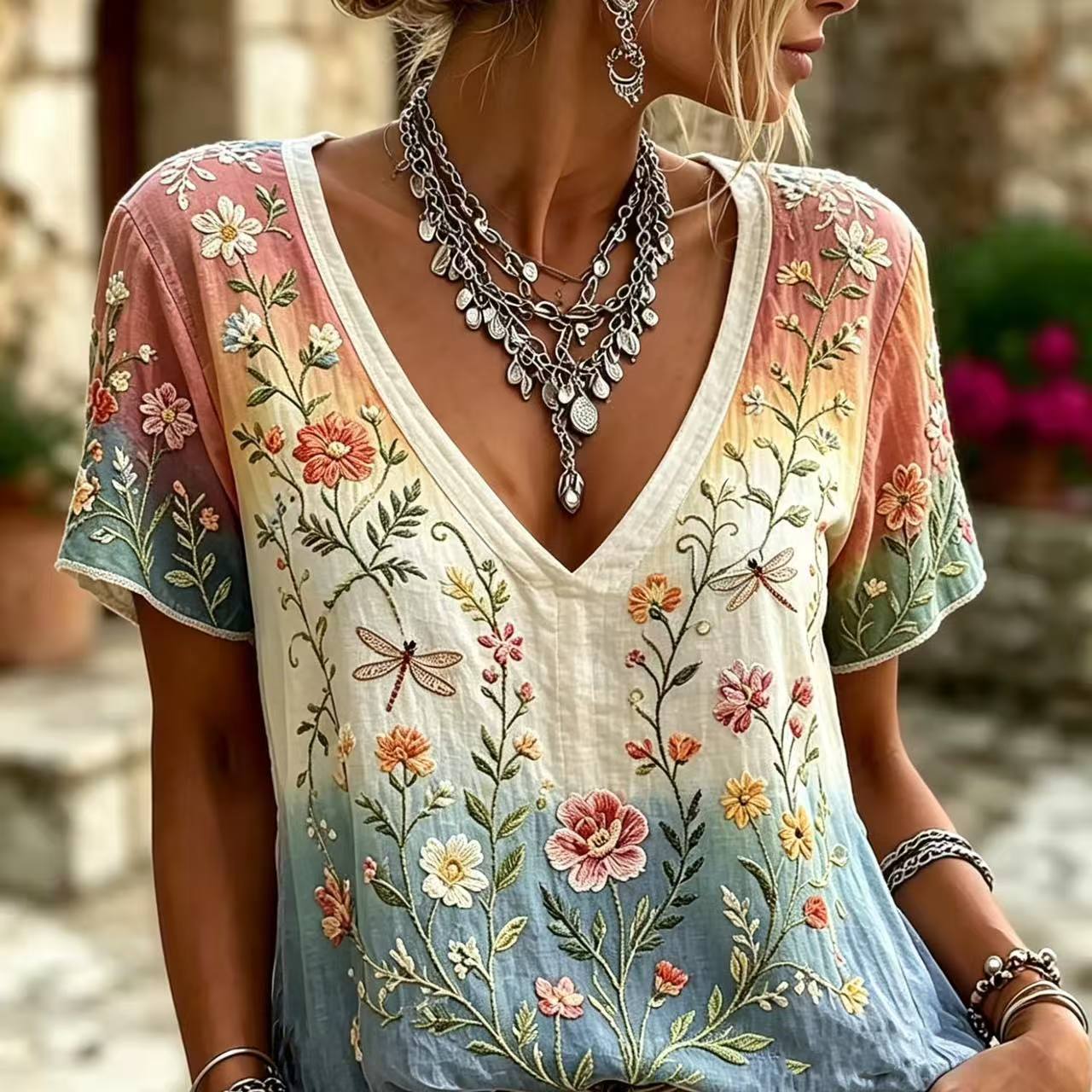 2026 Spring Summer New Exquisite Floral Vacation Print V-Neck Short Sleeve Women's T-Shirt Top