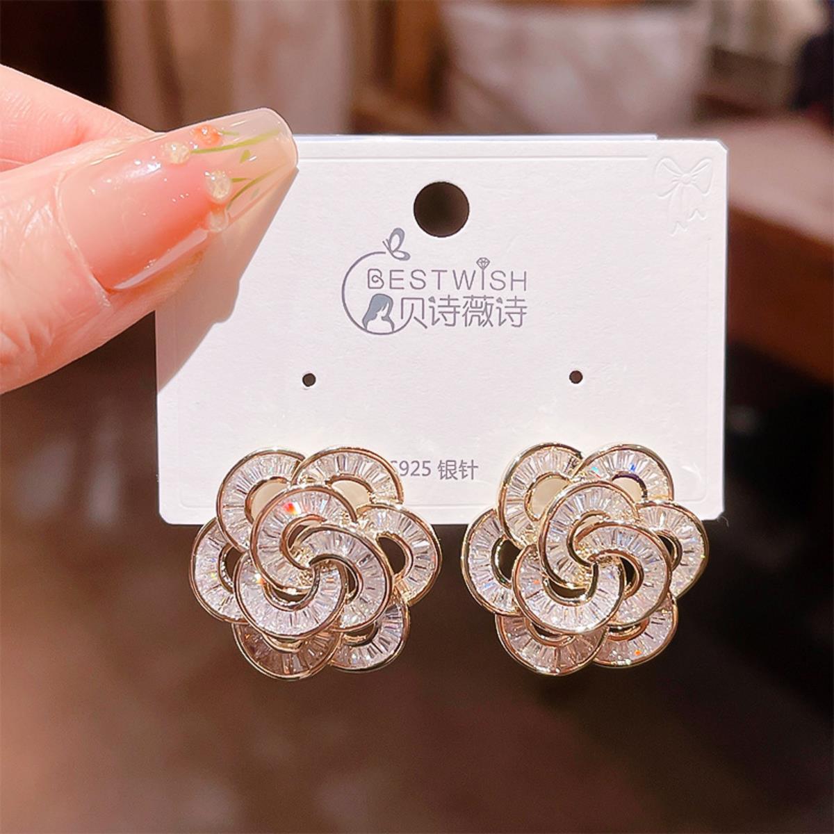 2026 flower collection real gold electroplated quality sweet zircon earrings, women's wind earring accessories