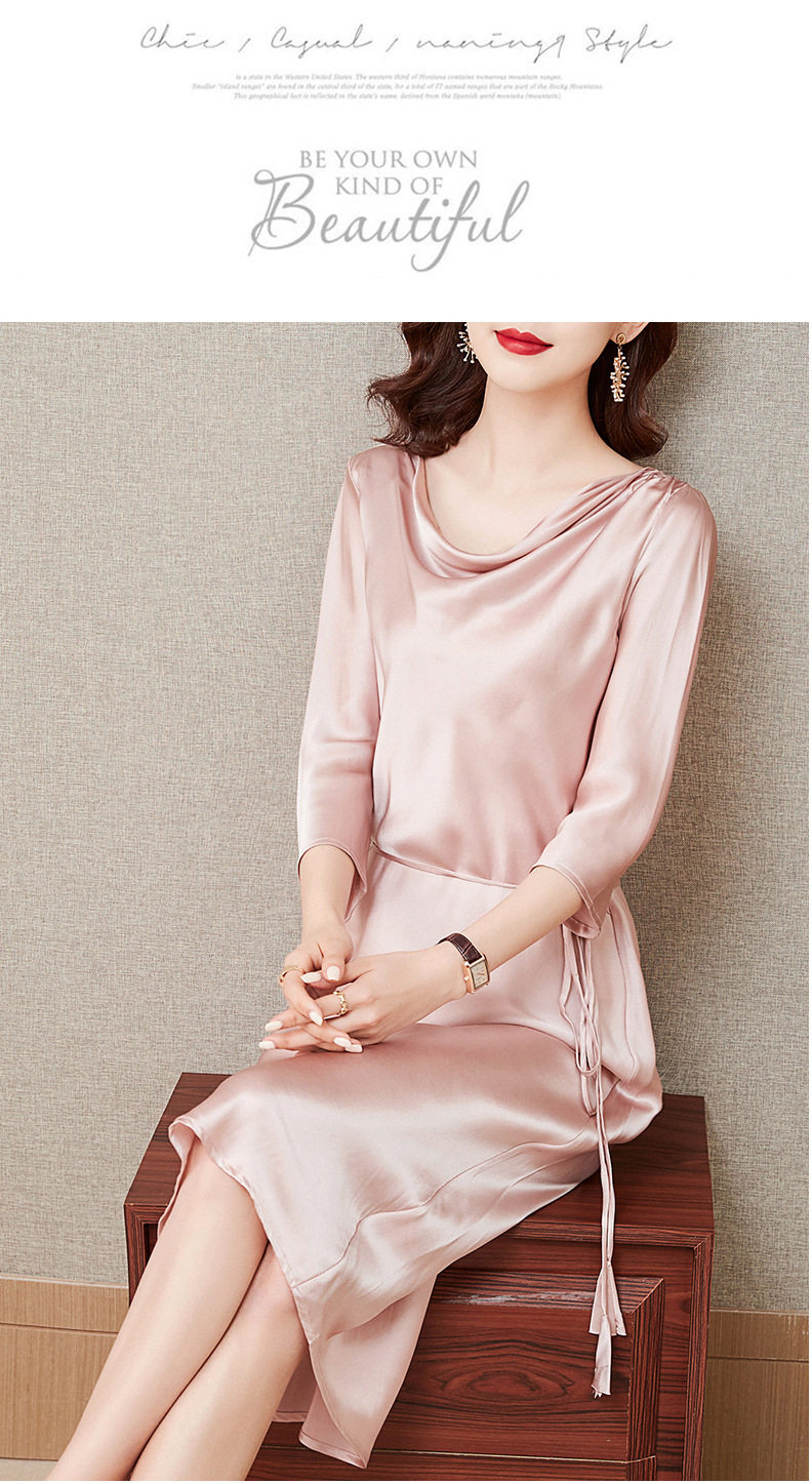 2026 Early Autumn New S562 Heavyweight Silk Dress Simple Slim Fit Five-Quarter Sleeve Long Dress Women