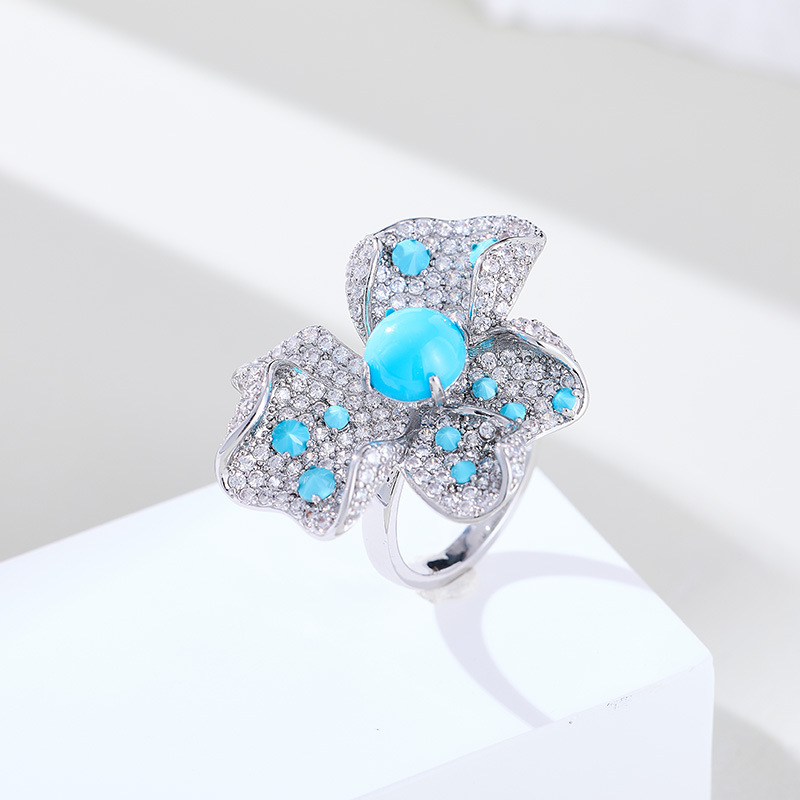 Heavy Craft Inlaid Blue Turquoise Flower Earrings for Women Ring s925 Silver Needle Elegant Earrings Set