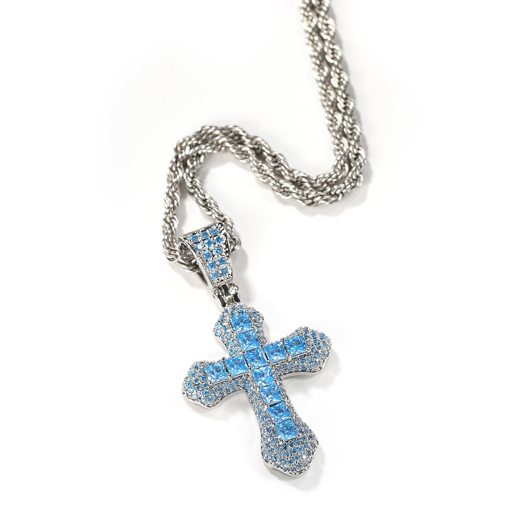 Hip Hop New Blue Zircon Cross Men's Necklace Heavy Punk Sweater Chain Accessories