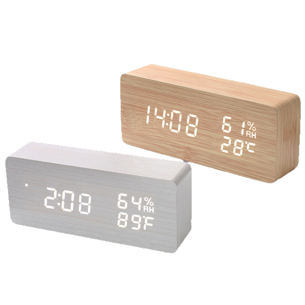 Wooden temperature and humidity clock, digital electronic alarm clock, smart LED temperature digital clock, desktop alarm clock