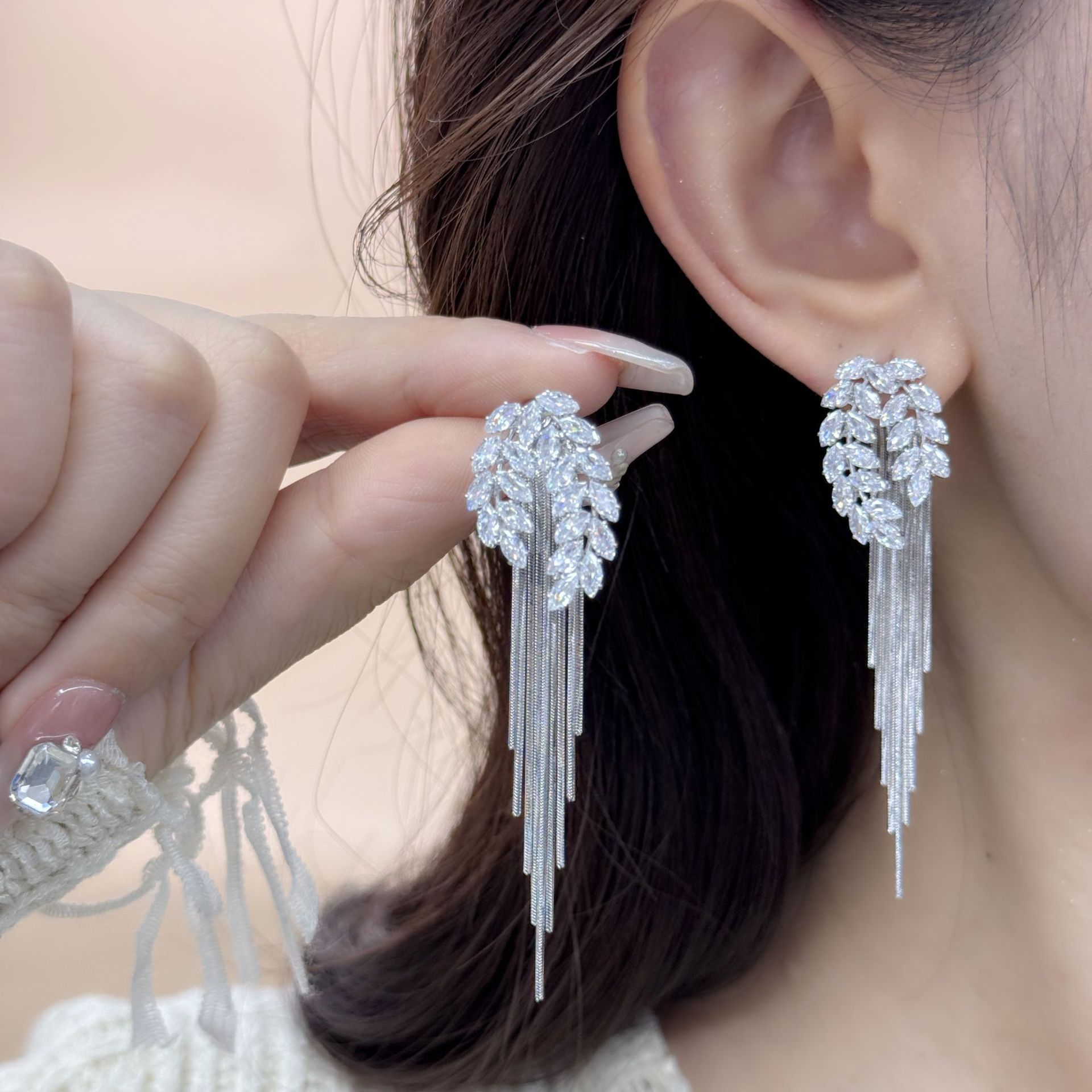 Wheat Earrings for Women Long Tassel Two-Way Wear s925 Silver Needle Zircon Earrings