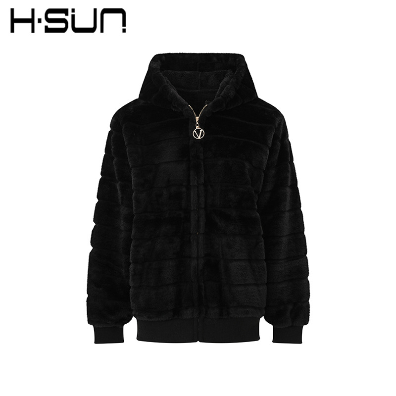 H·SUN Women's Plush Stand Collar Zip-Up Cardigan Sweatshirt Thick Fleece Japanese and Korean Casual Neutral Style 2026 Winter