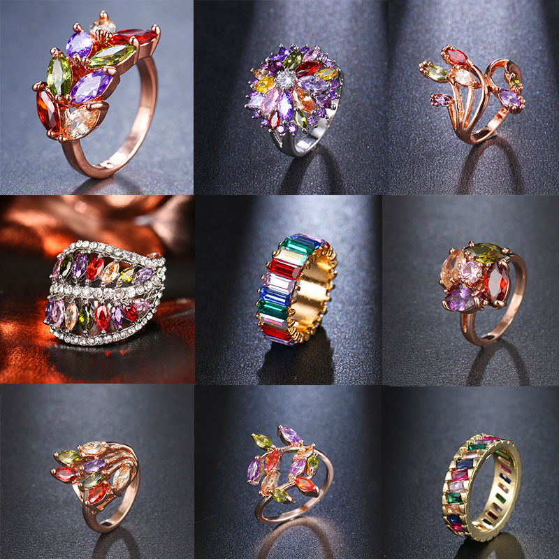 Colorful zircon ring women copper ring micro-set zircon luxury jewelry