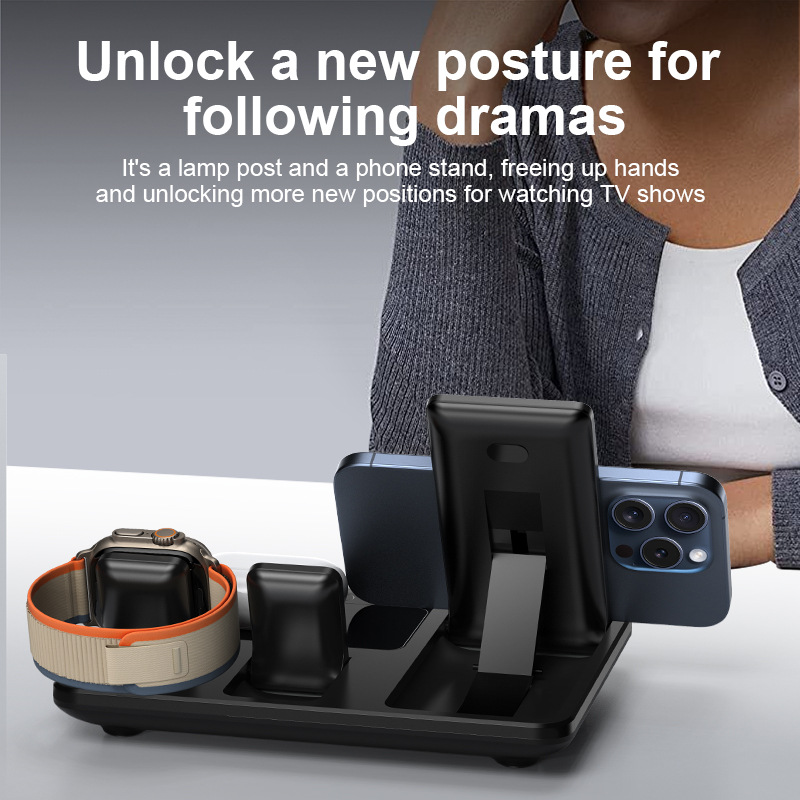 New 4-in-1 Wireless Fast Charger for Apple Phone Watch Earphone Auto Lift Foldable Clock Charger