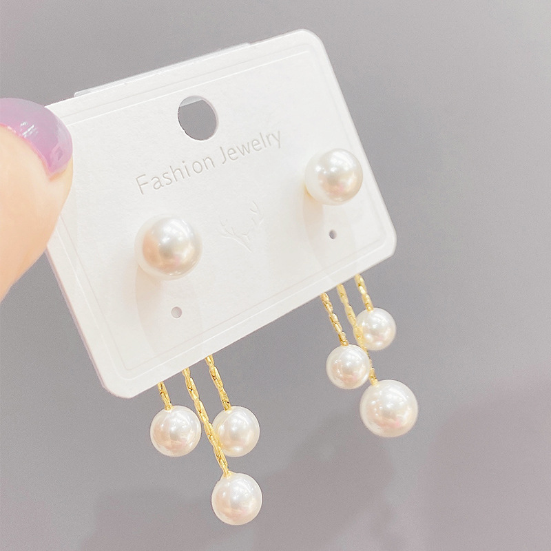 S925 silver needle long tassel earrings pearl ear drops anti-lost simple ear thread ear accessories