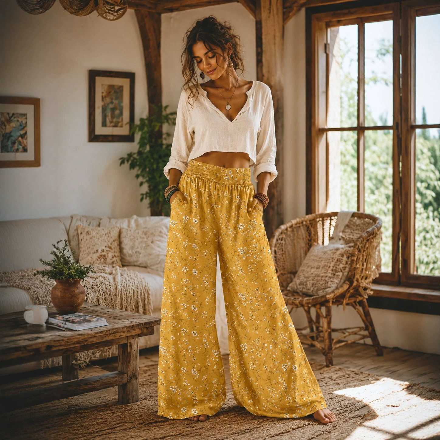 2026 Summer New Linen Printed Pants Commute Style High Waist Elastic Wide Leg Pants Women