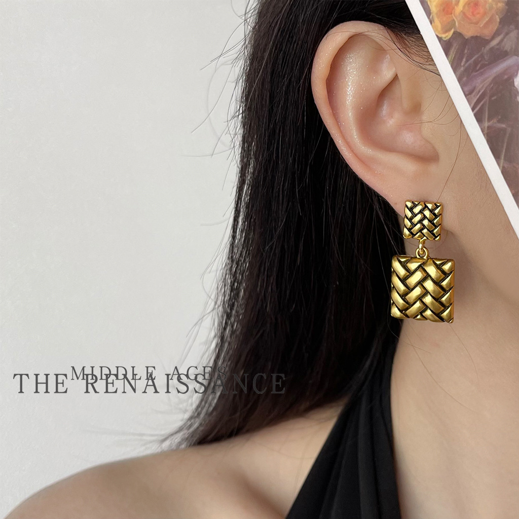 Vintage Retro Black Gold Earring Collection Hollow Flower Geometric Square Ear Studs Ear Accessories