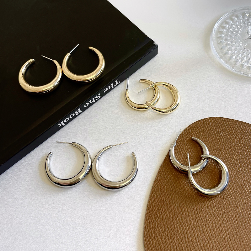 S925 silver needle C-shaped ear studs hip-hop grid earrings simple size ear accessories 6383