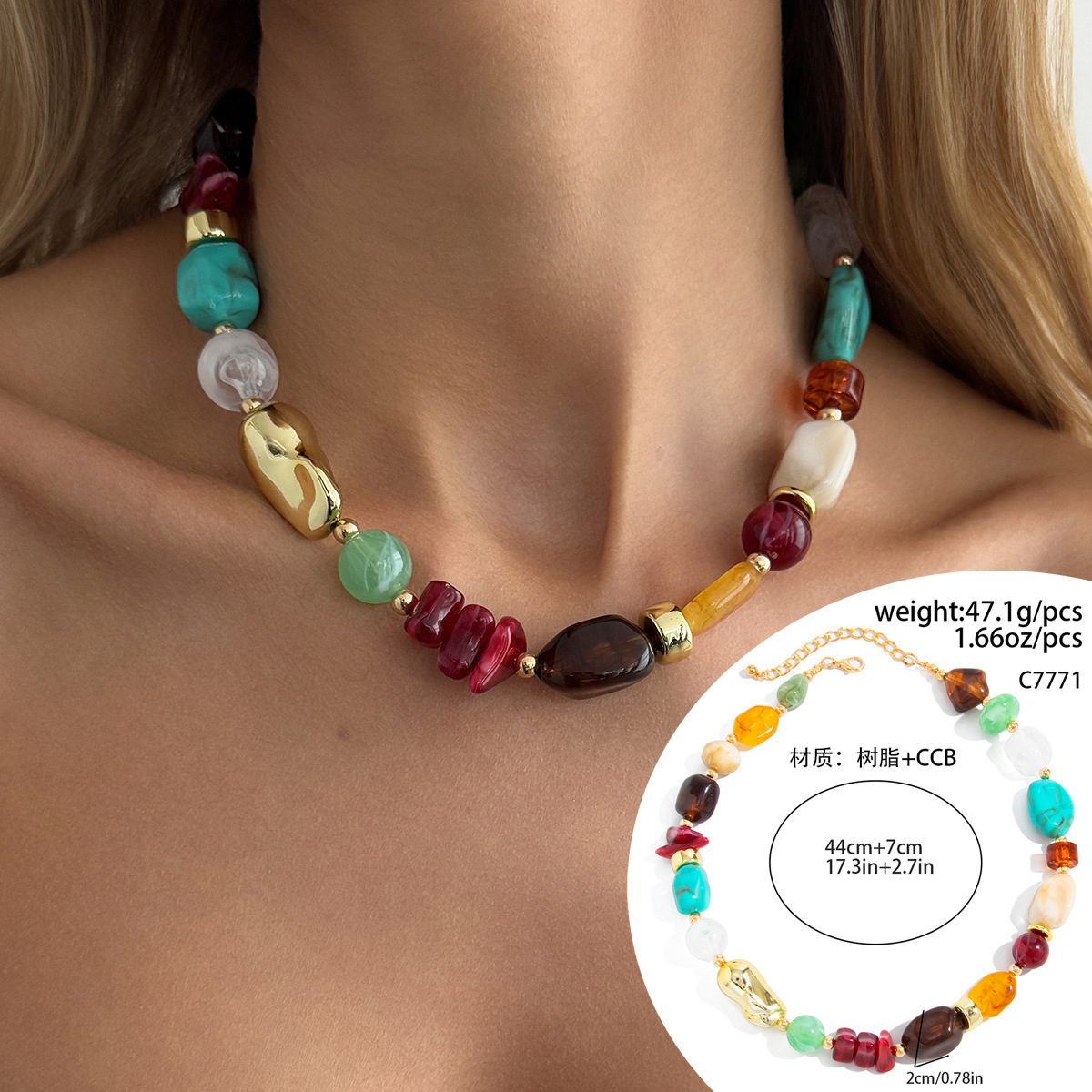 Bohemian colorful resin beaded necklace irregular CCB beads layered neck ornament