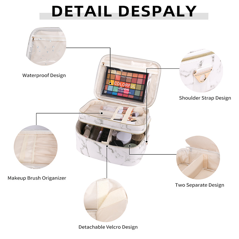 New Marble Large Capacity Cosmetic Bag Travel Toiletry Bag Double-Layer Waterproof Shoulder Crossbody Bag