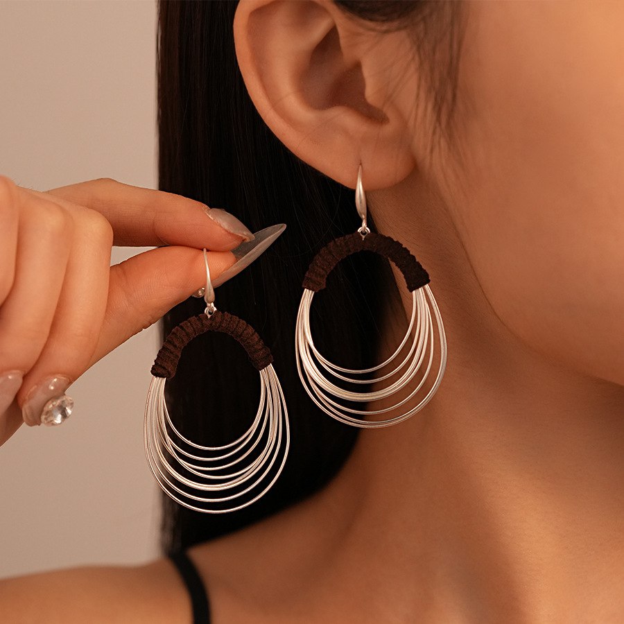Exaggerated Multi-Layer Circle Ear Hook Fabric Woven Geometric Earrings for Women