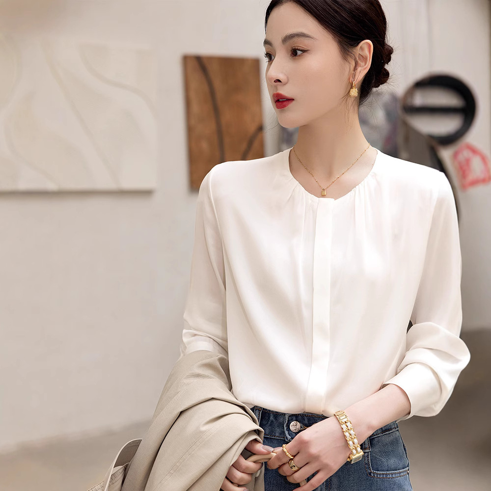 Satin round neck mulberry silk shirt women's 2026 spring new pleated silk long-sleeved top
