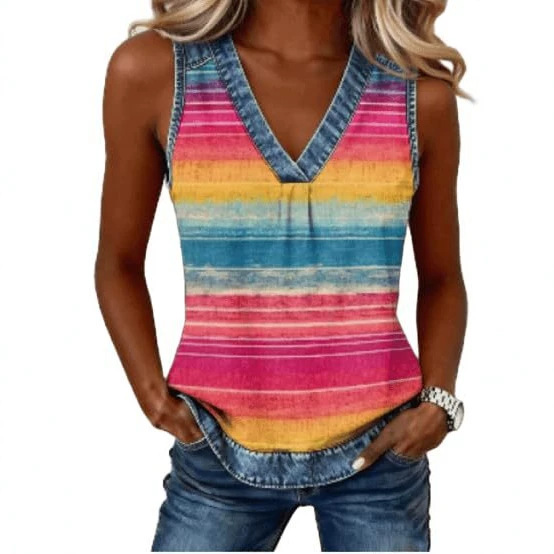 2026 New Women's V-Neck Sleeveless Colorful Print Women's Vest