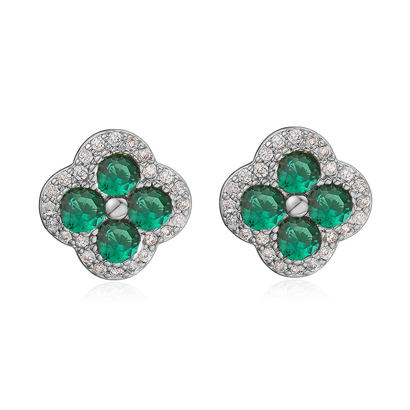 Copper Inlaid Colorful Diamond Four-Leaf Clover Stud Earrings for Women Flower Petal Earrings Earrings