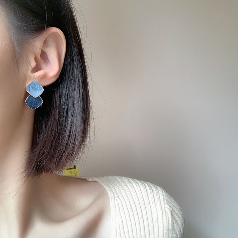 S925 silver needle geometric square drop oil women earrings ear accessories live ear studs