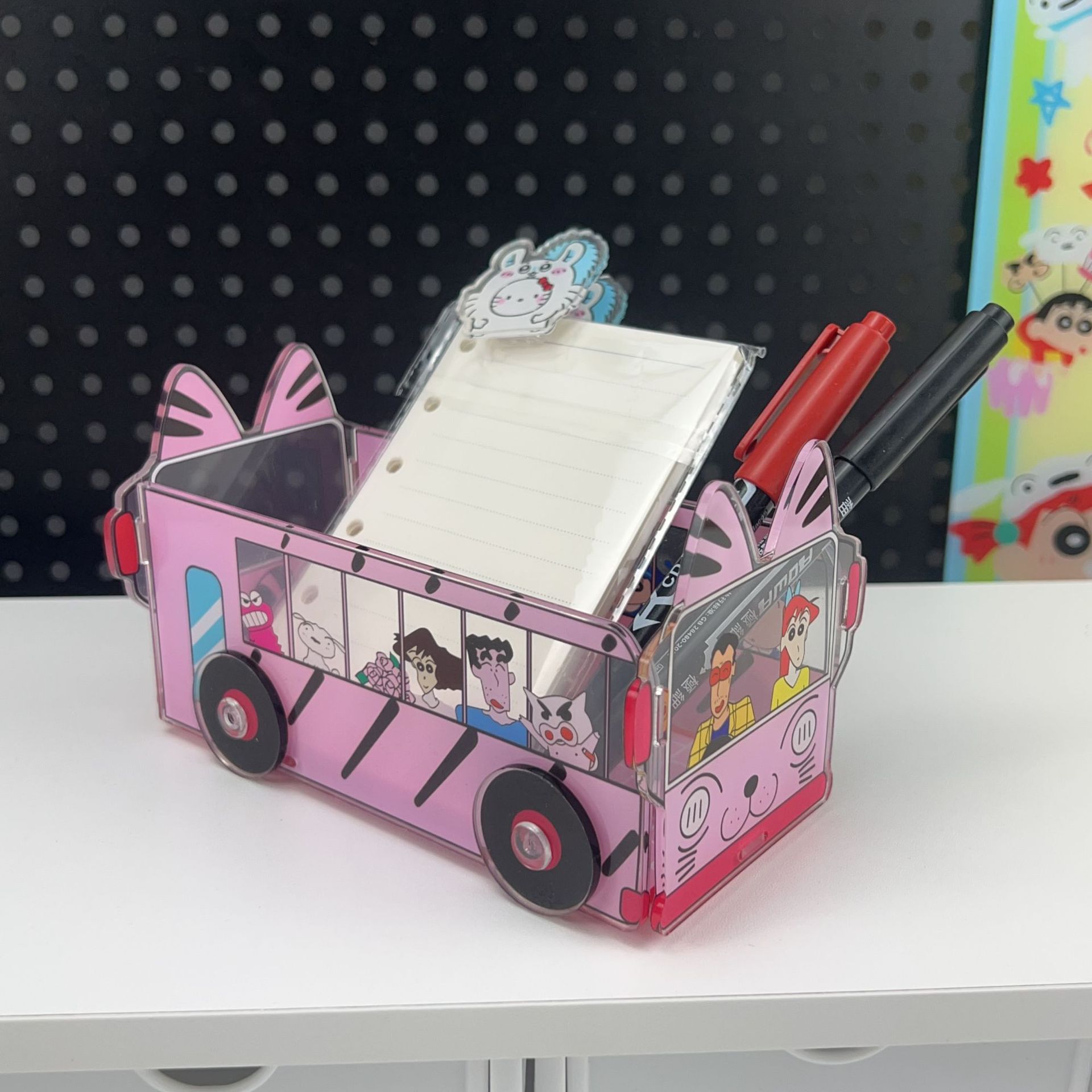 Crayon Shin-chan Acrylic School Bus Pencil Holder Cute Cartoon Storage Box Desktop Organizer DIY Birthday