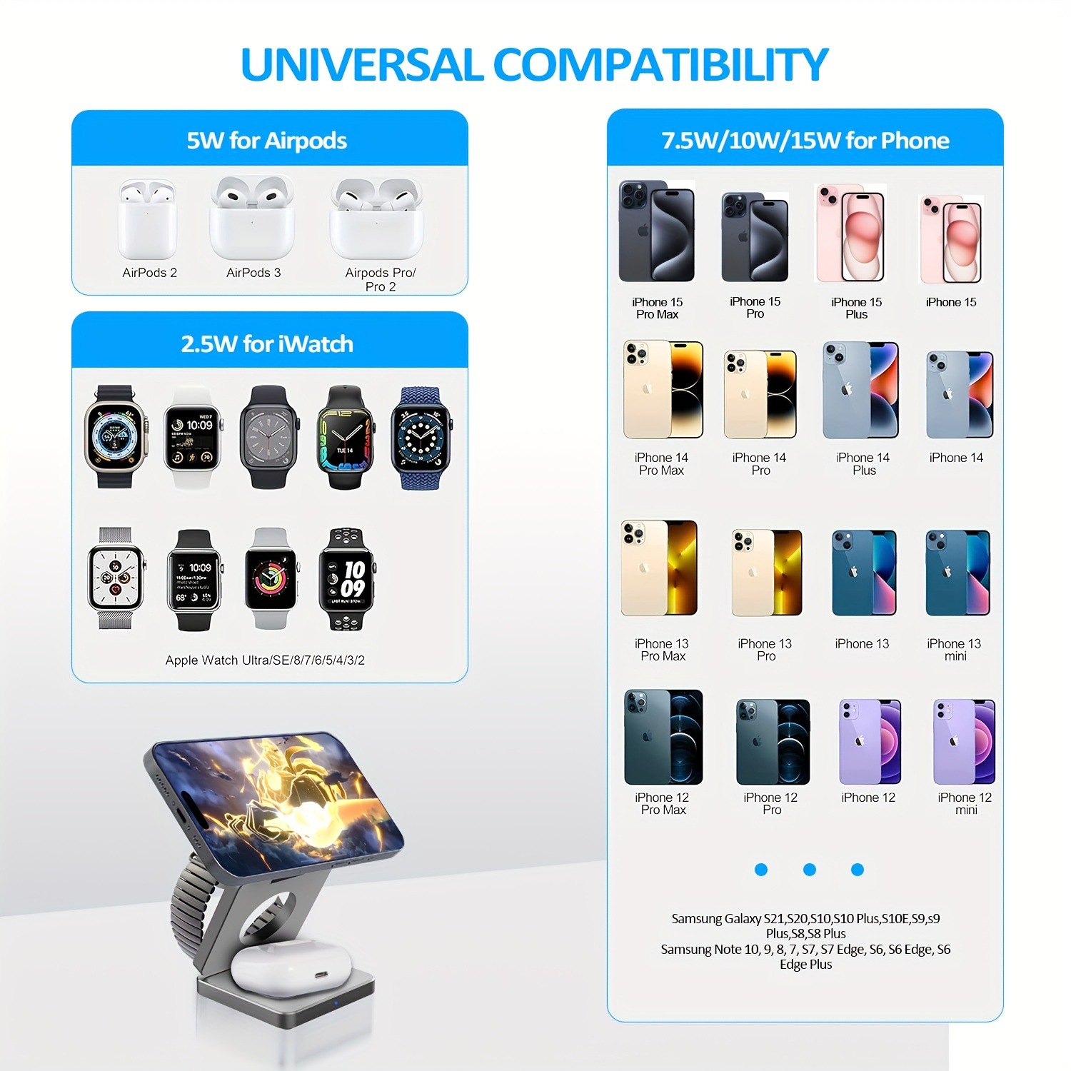 3-in-1 Magnetic Foldable Wireless Charger for Apple Phones, Earphones, Watch